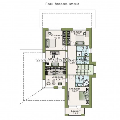 «Новый поворот» - красивый дом,  проект двухэтажного коттеджа с террасой, мастер спальня, с гаражом - превью план дома
