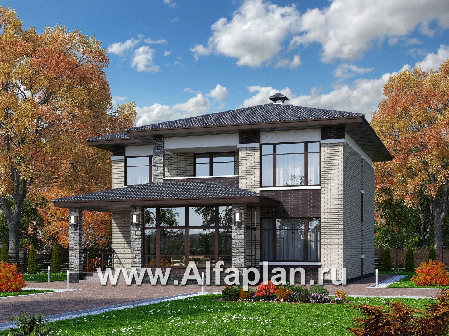 Проекты домов Альфаплан - «Маяк» - уютный дом с остекленной террасой - основное изображение