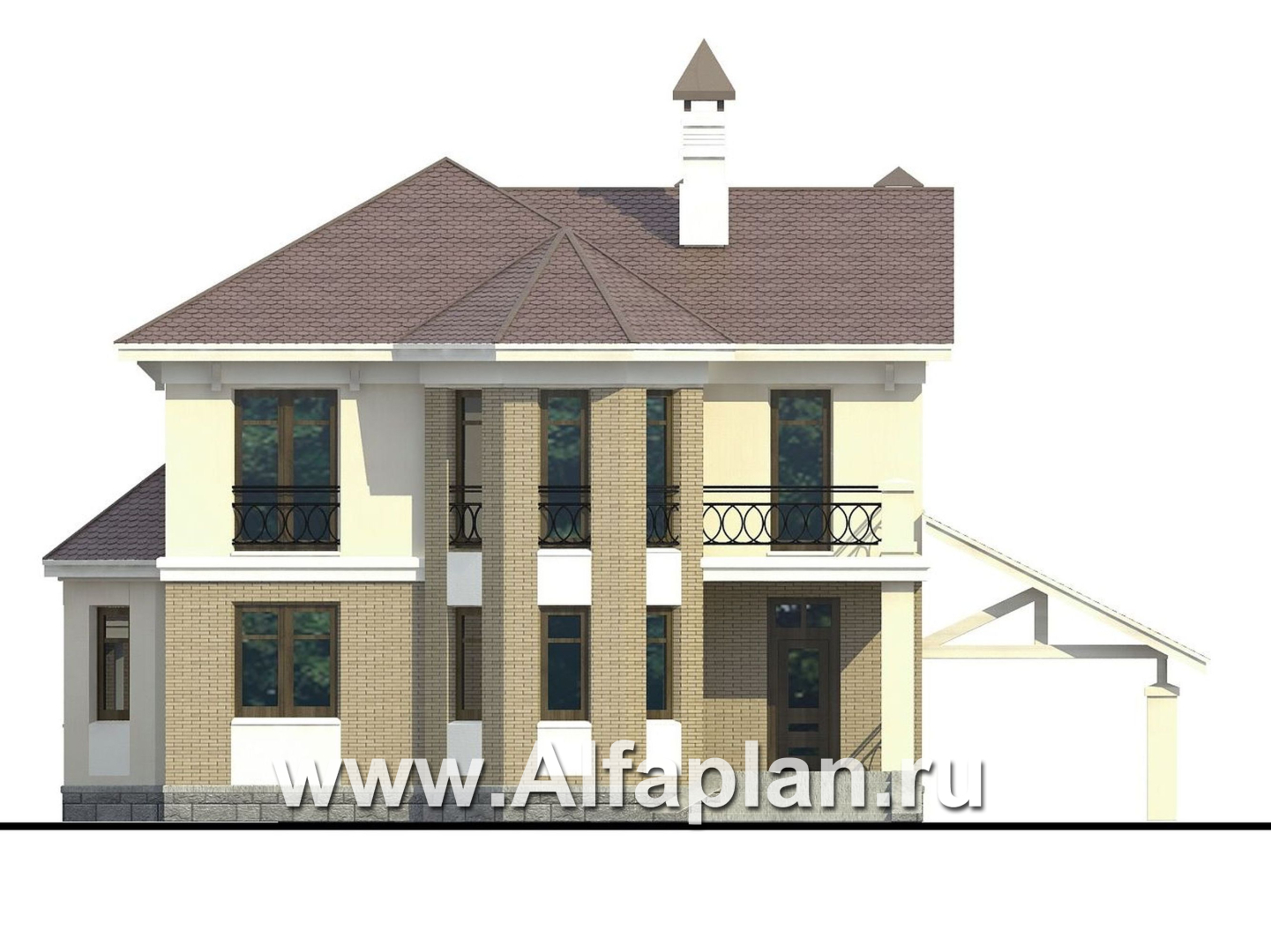 Проекты домов Альфаплан - «Классика»- двухэтажный особняк с эркером и навесом для машины - изображение фасада №1