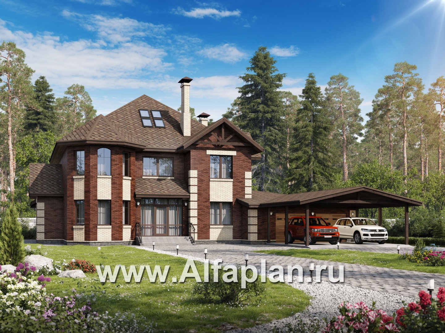 Проекты домов Альфаплан - «Воронцов»- респектабельный коттедж из газобетона с гаражом - основное изображение