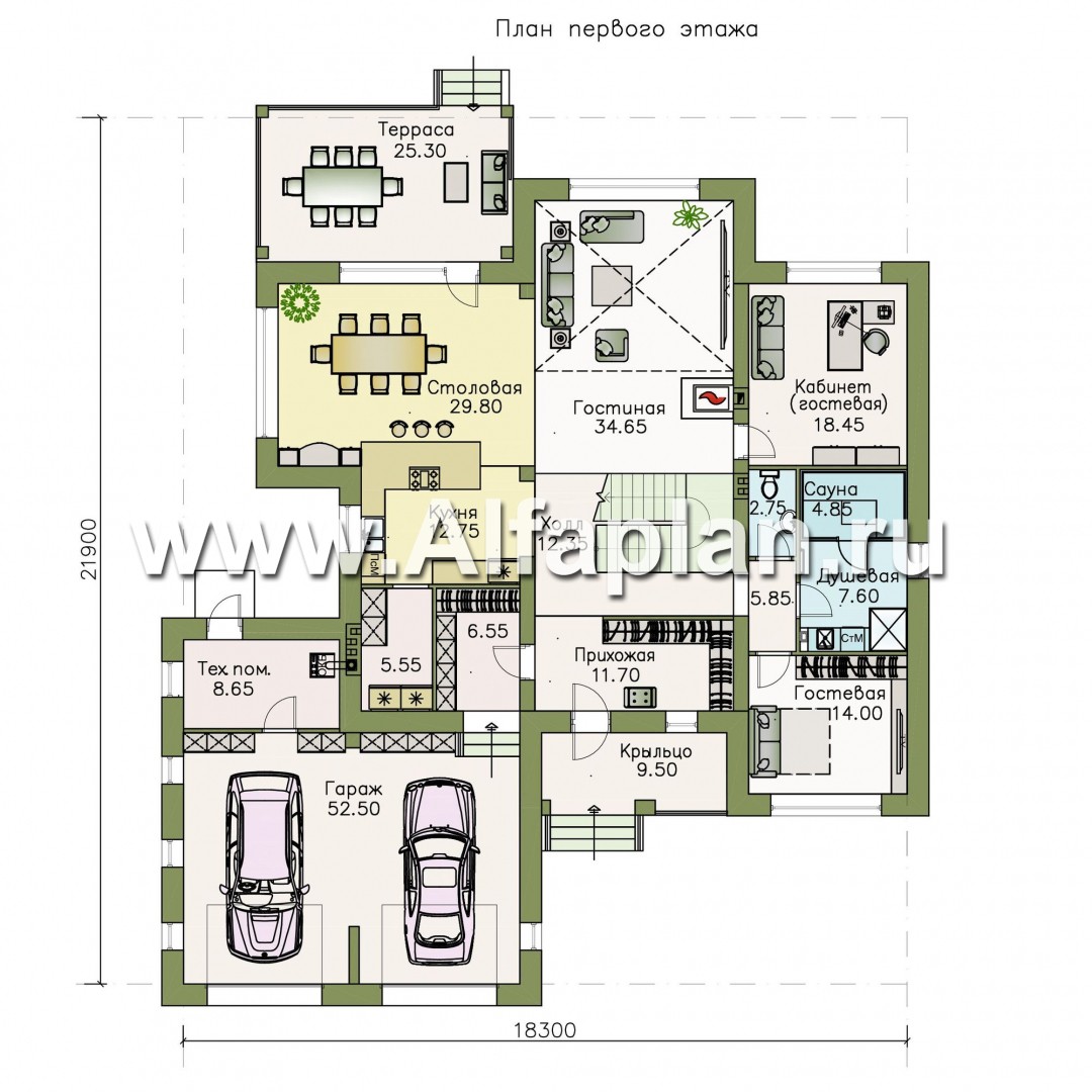 Проекты домов Альфаплан - «Неман» - загородная вилла с двусветной гостиной и большим гаражом - план проекта №1