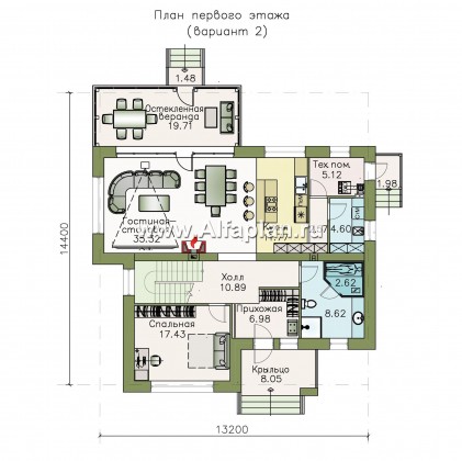 «Мотив» - проект двухэтажного дома, масетр спальня, с террасой, в стиле Райта - превью план дома