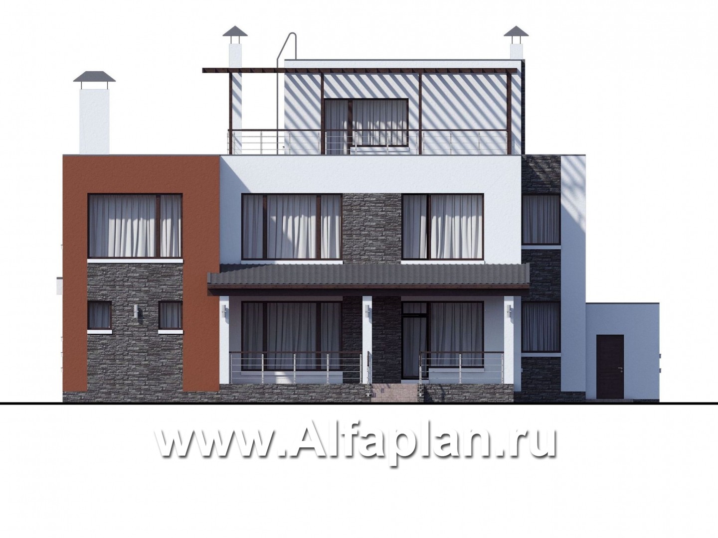Проекты домов Альфаплан - «Альстер» — трехэтажный коттедж с гаражом и эксплуатируемой кровлей - изображение фасада №4