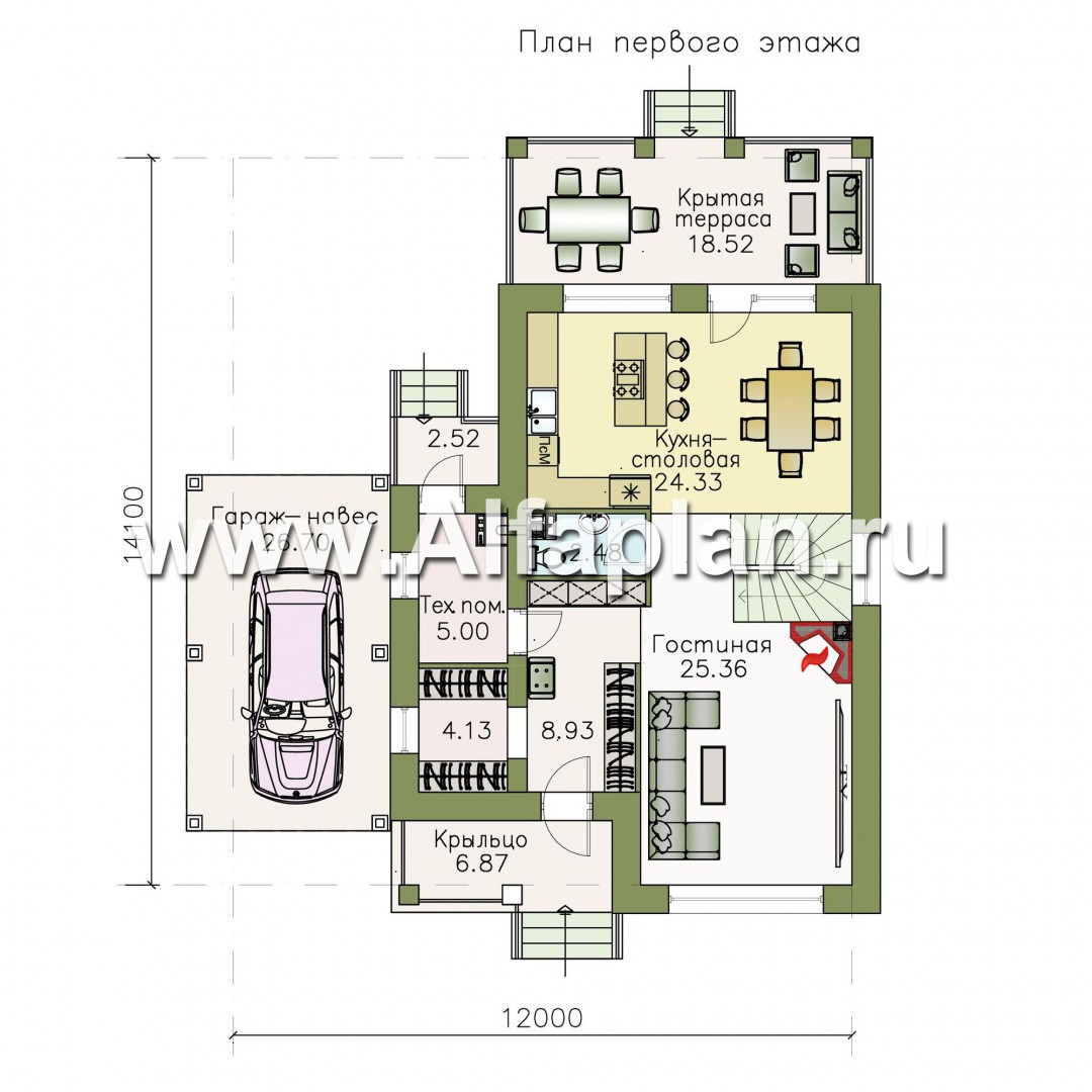 Проекты домов Альфаплан - «Весна» - экономичный и удобный дом с гаражом-навесом - изображение плана проекта №1
