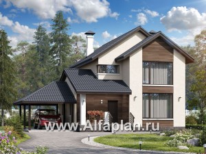 Проекты домов Альфаплан - «Весна» - экономичный и удобный дом с гаражом-навесом - превью основного изображения