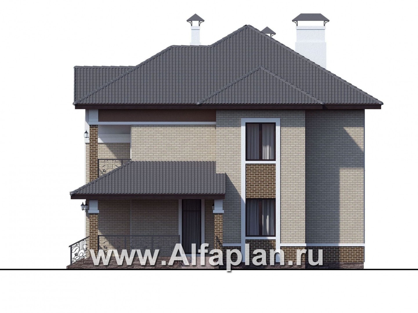 Проекты домов Альфаплан - «Арно» - проект двухэтажного дома, особняк с двусветной гостиной, с террасой и сауной - изображение фасада №2