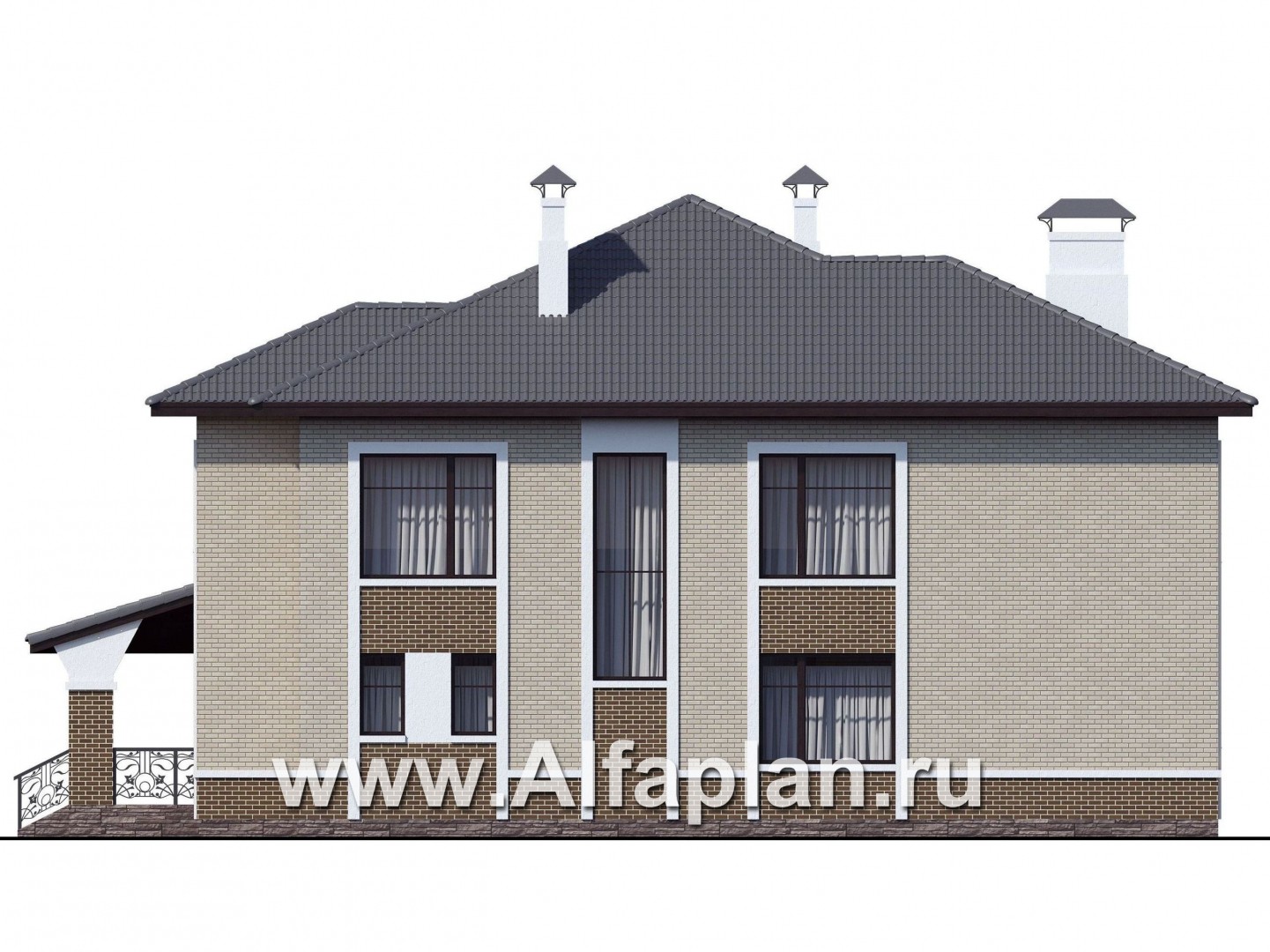 Проекты домов Альфаплан - «Арно» - проект двухэтажного дома, особняк с двусветной гостиной, с террасой и сауной - изображение фасада №4