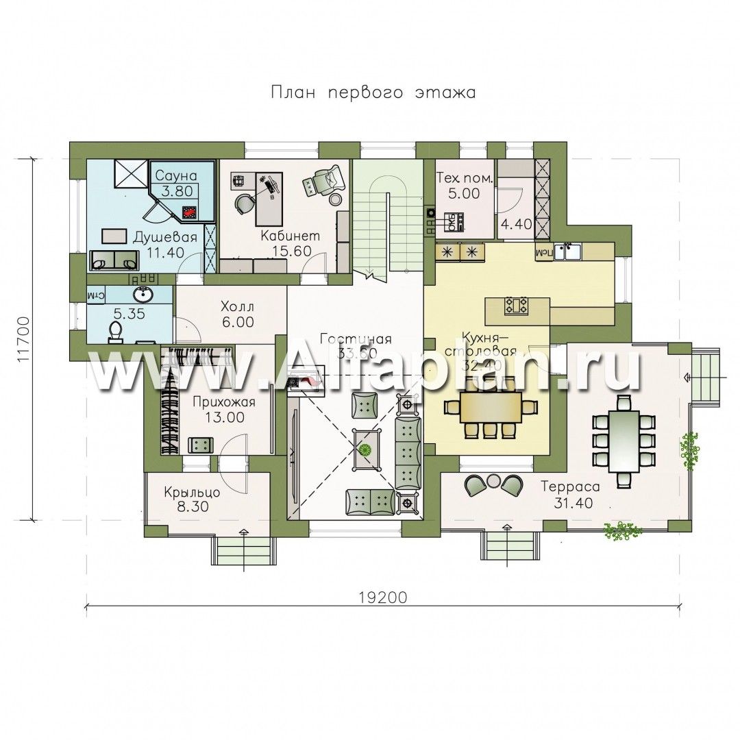Проекты домов Альфаплан - «Арно» - проект двухэтажного дома, особняк с двусветной гостиной, с террасой и сауной - изображение плана проекта №1