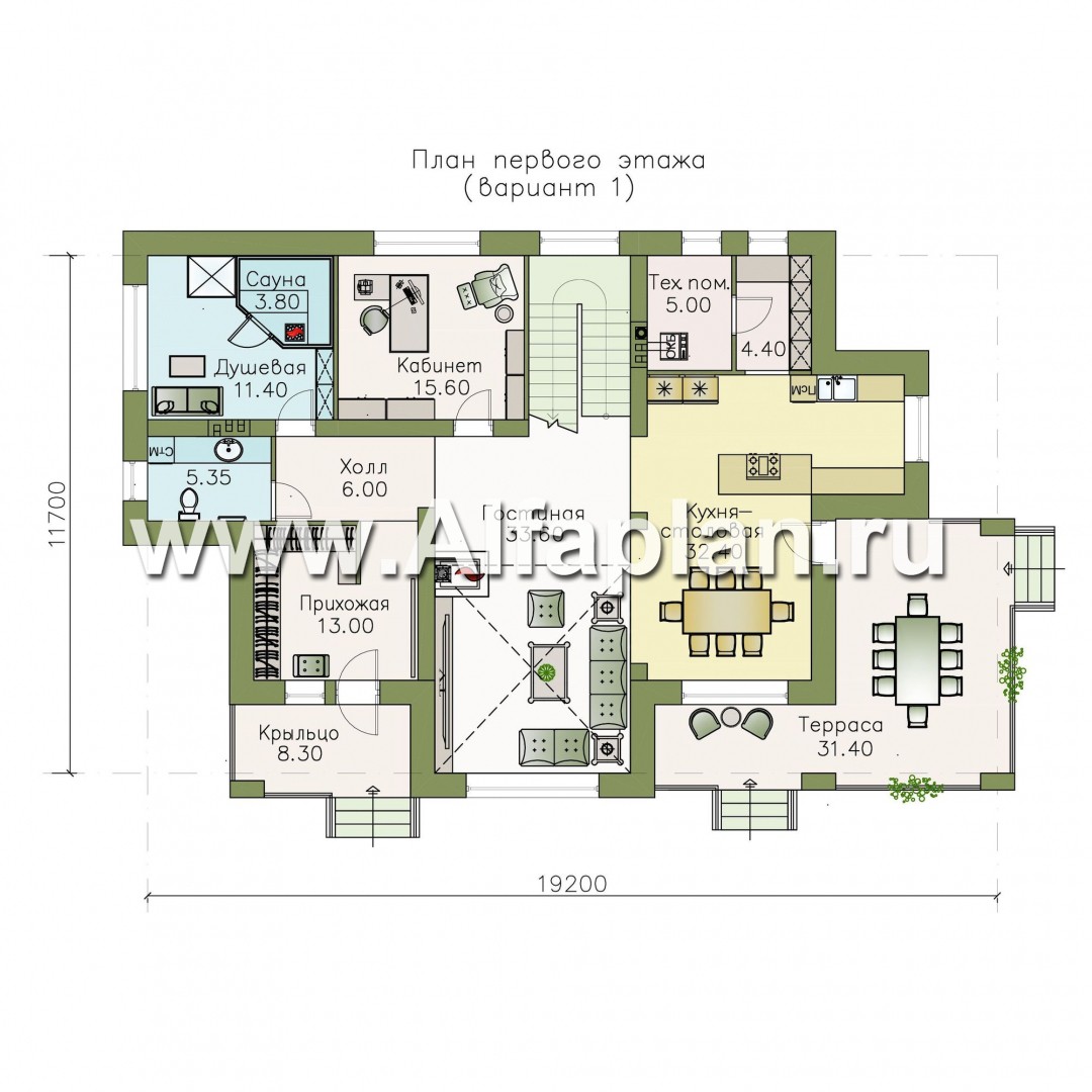 Проекты домов Альфаплан - «Арно» - проект двухэтажного дома, особняк с двусветной гостиной, с террасой и сауной - изображение плана проекта №2