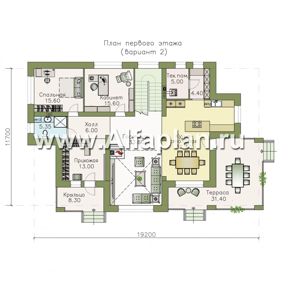 Проекты домов Альфаплан - «Арно» - проект двухэтажного дома, особняк с двусветной гостиной, с террасой и сауной - изображение плана проекта №3