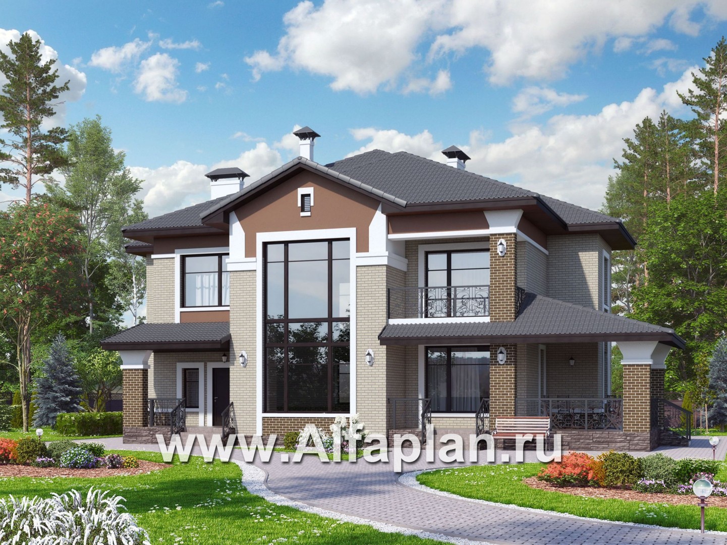 Проекты домов Альфаплан - «Арно» - проект двухэтажного дома, особняк с двусветной гостиной, с террасой и сауной - основное изображение