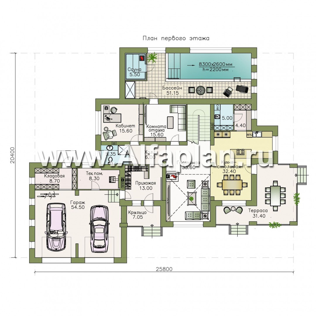 Проекты домов Альфаплан - «Арно» - классический особняк с большим гаражом и бассейном - план проекта №1