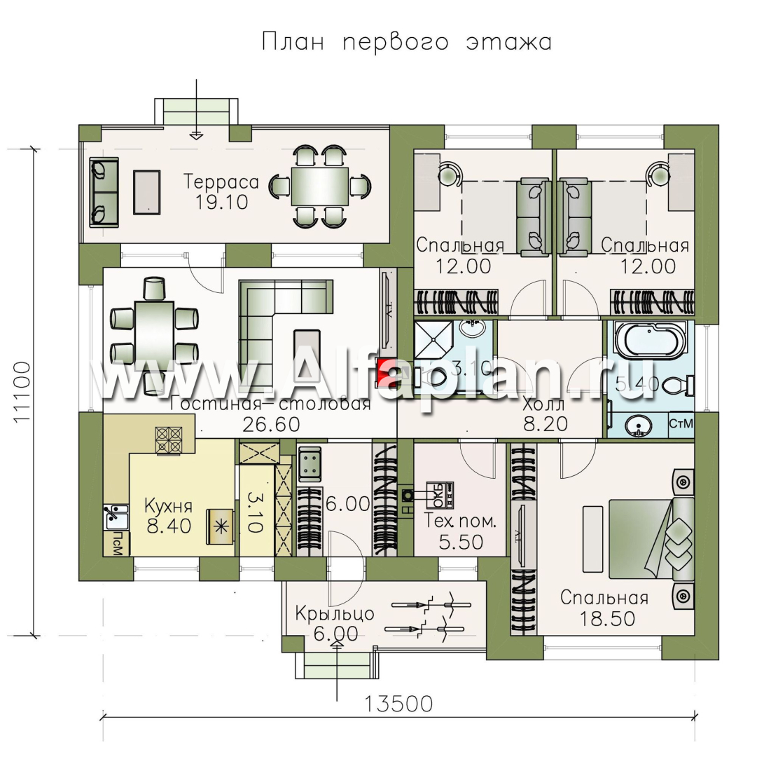 Проекты домов Альфаплан - «Вуокса» - проект одноэтажного дома из кирпича с комфортной планировкой - план проекта №1