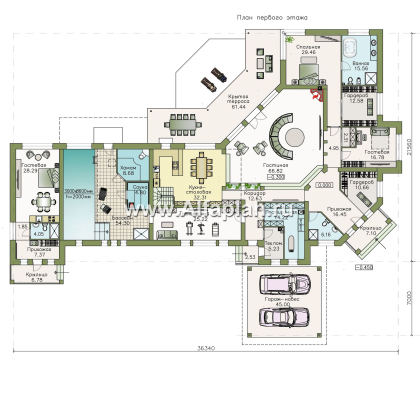 «Модуль» — проект одноэтажного дома, со спортзалом и сауной, с бассейном и гостевой квартирой - превью план дома