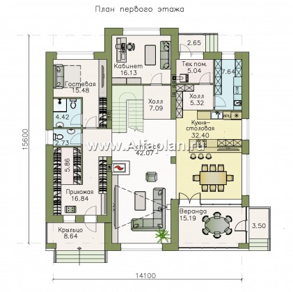 «Семь звезд» - проект двухэтажного дома из кирпича, гостиная со вторым светом, мастер спальня, в современном стиле - превью план дома