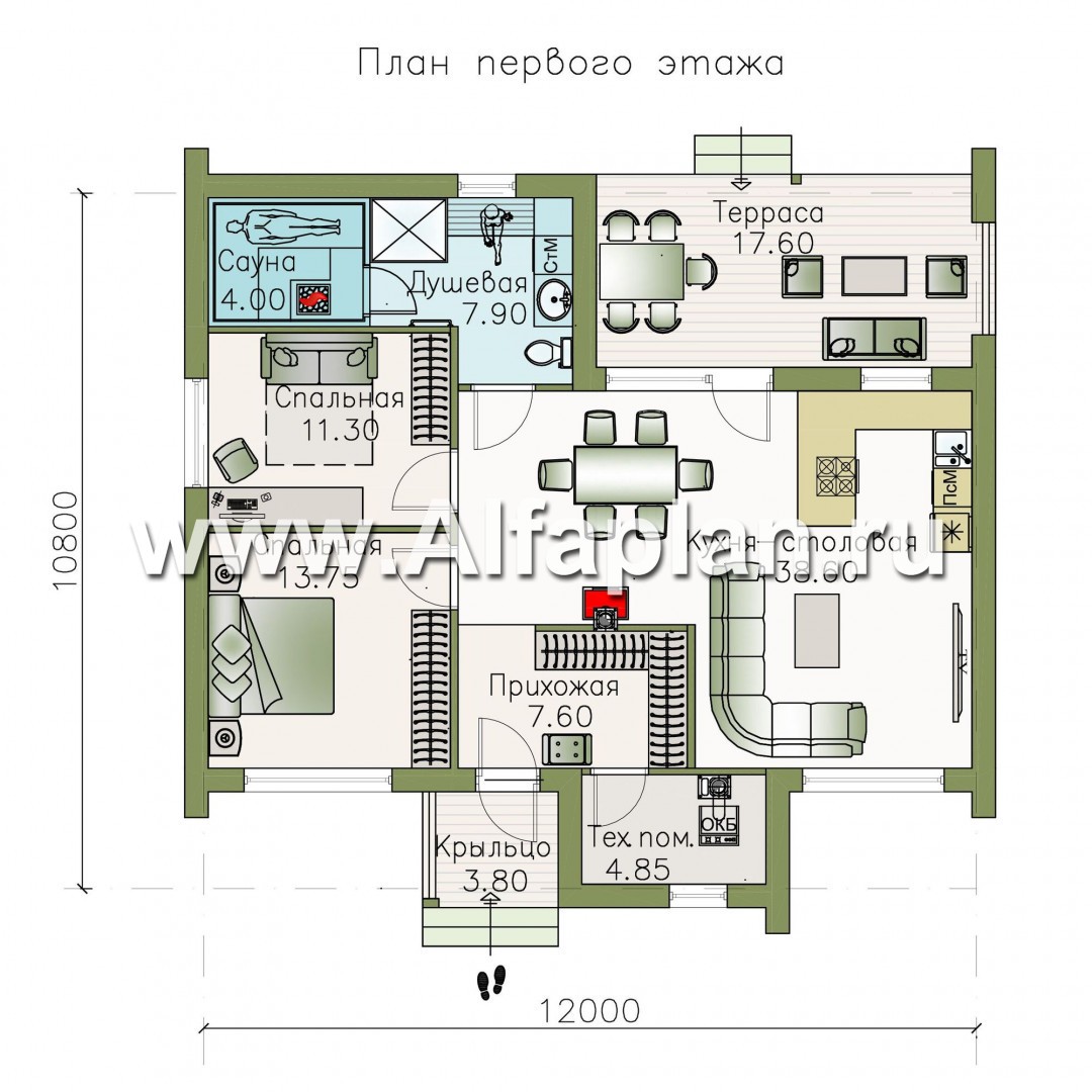 Проекты домов Альфаплан - «Альфа» - проект одноэтажного каркасного дома, с сауной и с террасой - изображение плана проекта №1