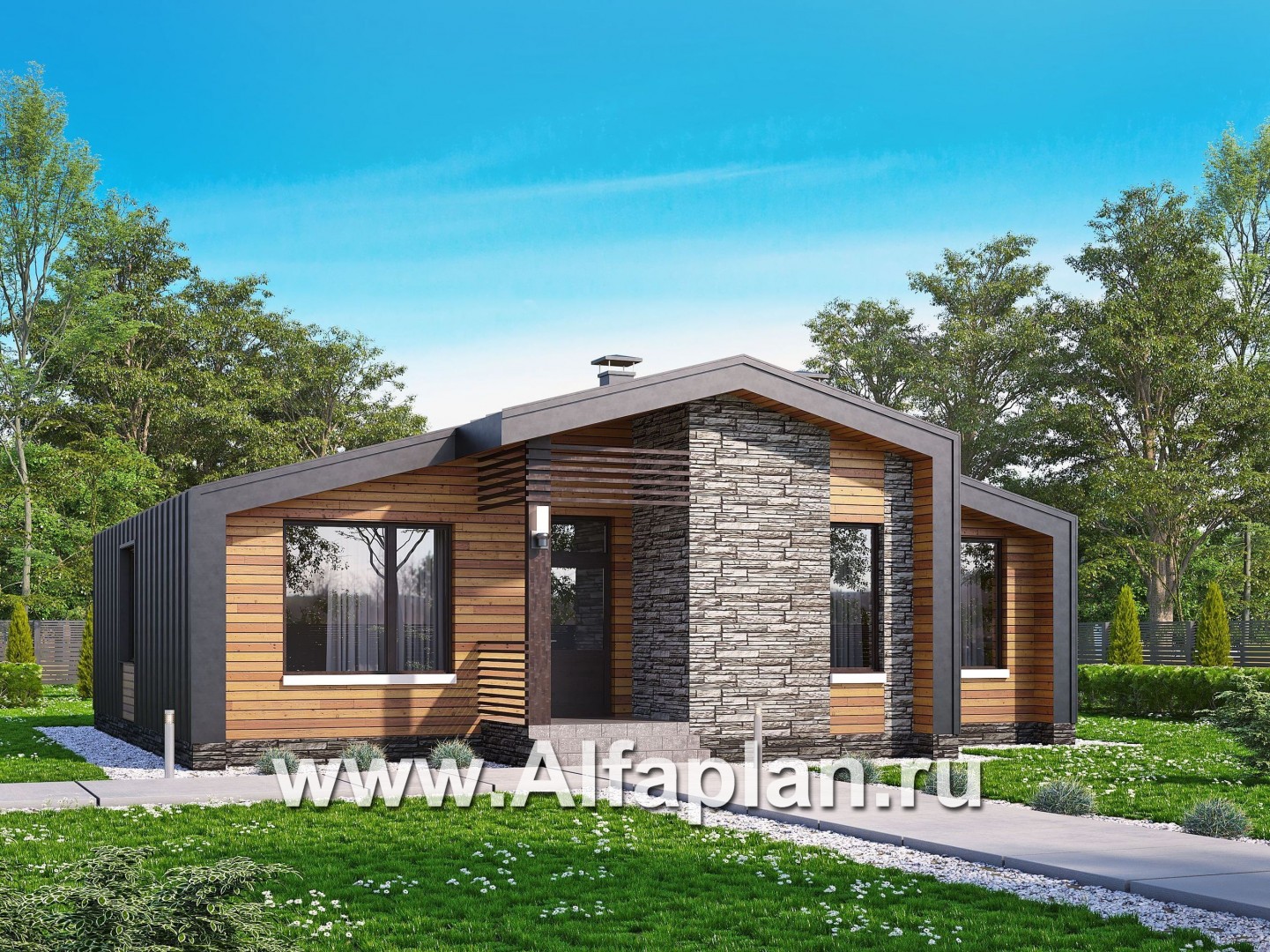 Проекты домов Альфаплан - «Альфа» - проект одноэтажного каркасного дома, с сауной и с террасой - основное изображение