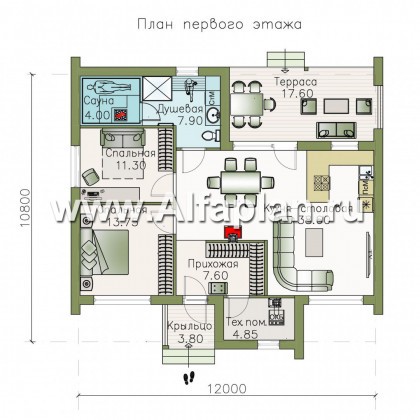Проекты домов Альфаплан - «Альфа» - проект одноэтажного каркасного дома, с сауной и с террасой - превью плана проекта №1