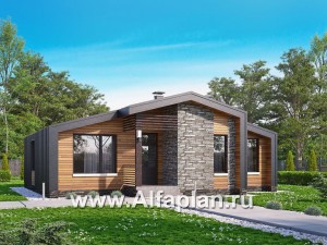 Проекты домов Альфаплан - «Альфа» - проект одноэтажного каркасного дома, с сауной и с террасой - превью основного изображения