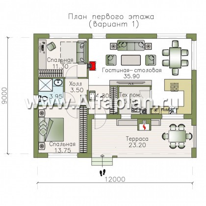 Проекты домов Альфаплан - «Бета» - стильный каркасный коттедж с террасой - превью плана проекта №1