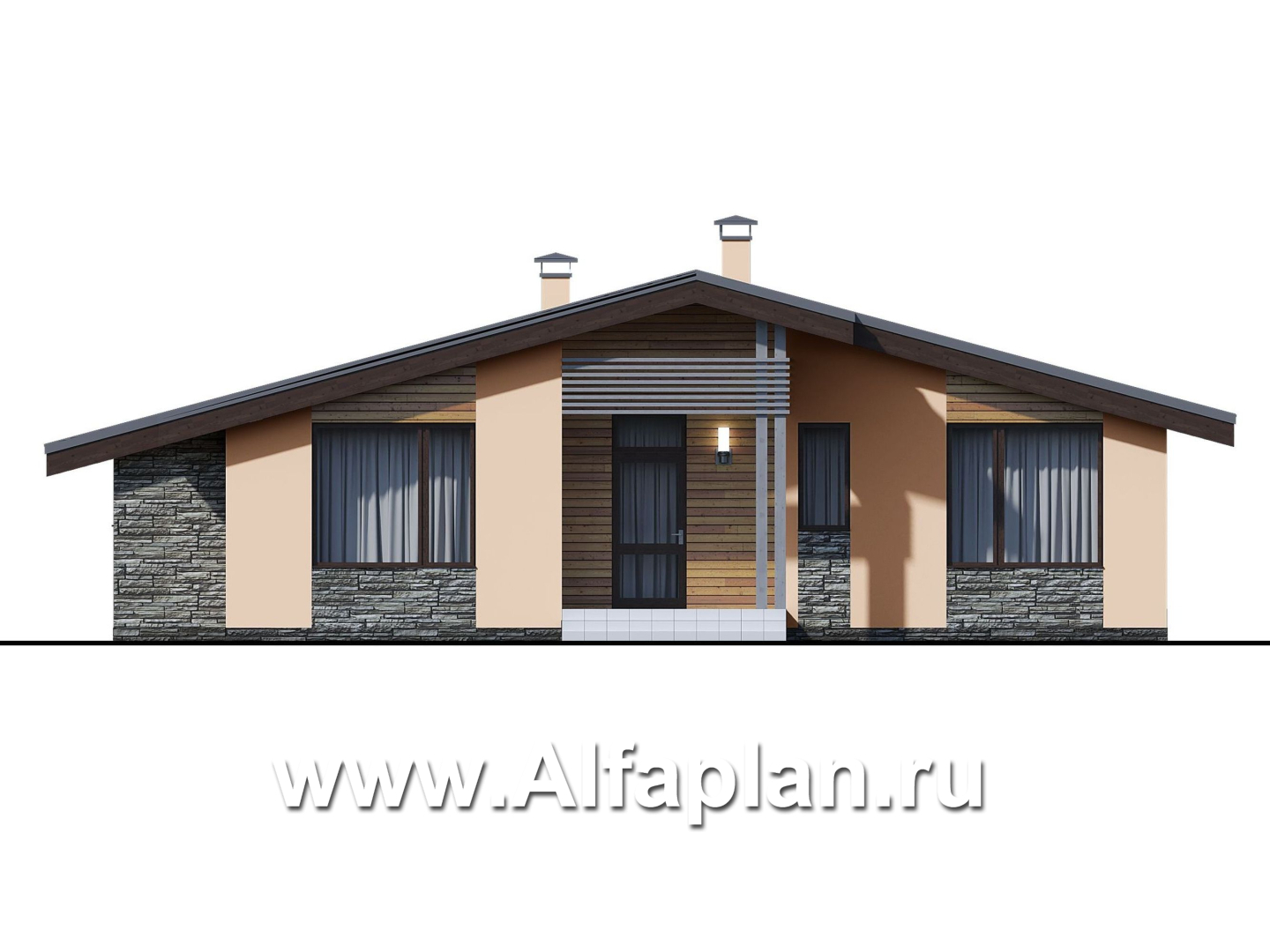 Проекты домов Альфаплан - «Дельта» - проект одноэтажного дома с террасой, в скандинавском стиле - изображение фасада №1