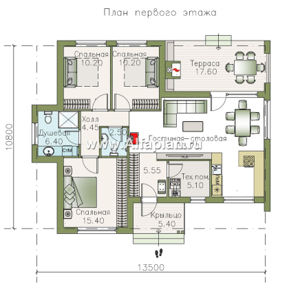 Проекты домов Альфаплан - «Дельта» - проект одноэтажного дома с террасой, в скандинавском стиле - превью плана проекта №1