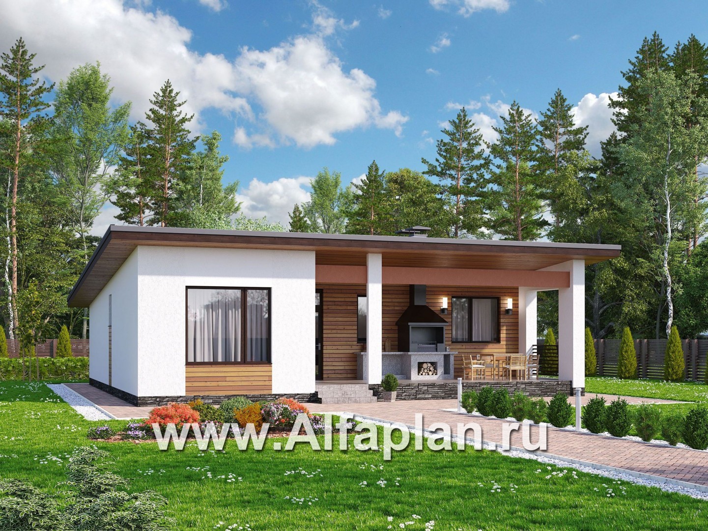 «Эпсилон» - проект одноэтажного дома с террасой, в скандинавском стиле - основное изображение