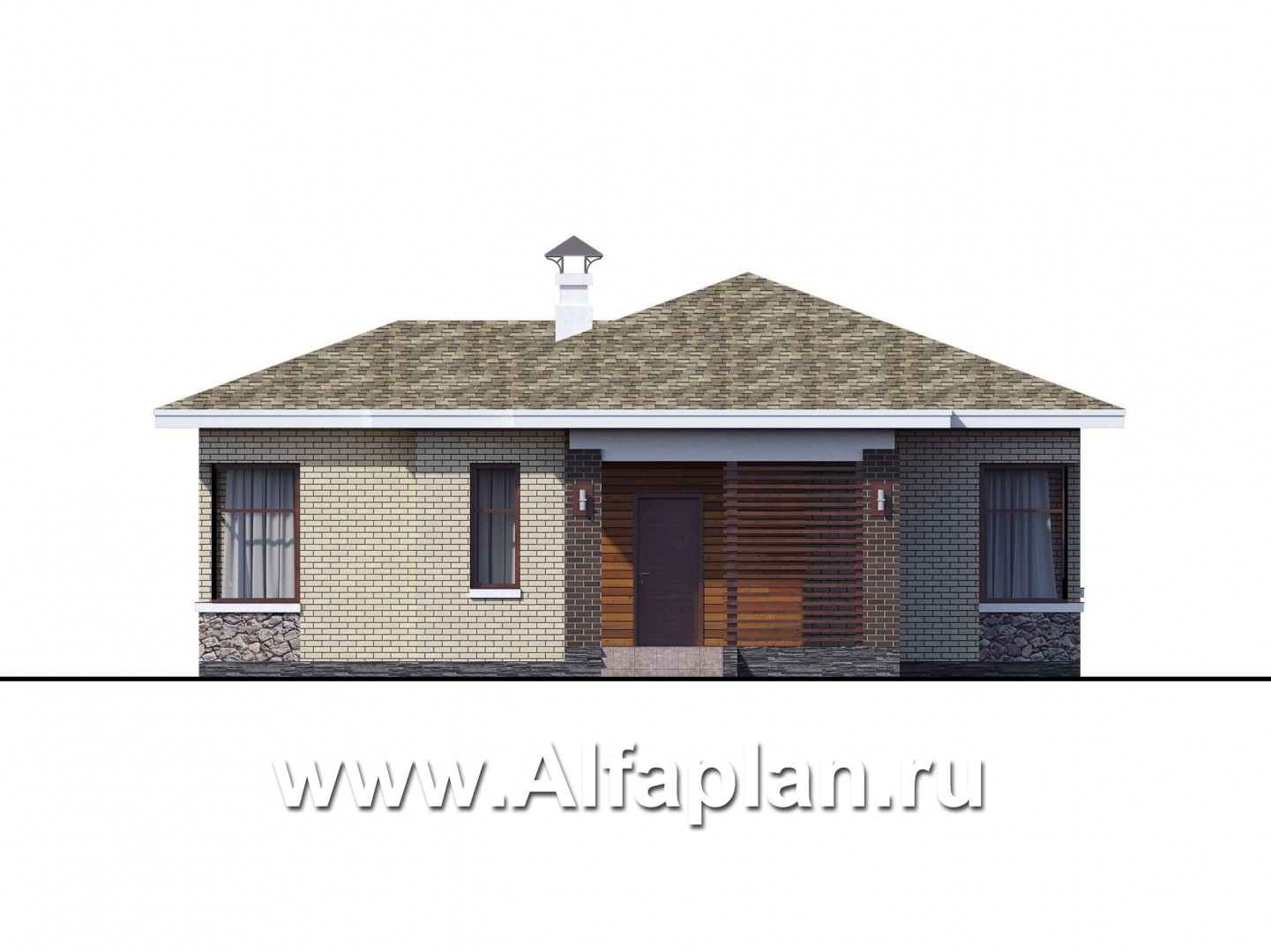 Проекты домов Альфаплан - Проект одноэтажного дома с угловыми окнами - изображение фасада №1