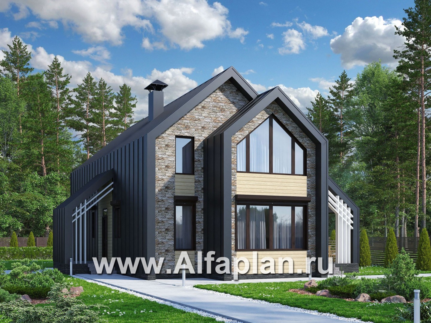 Проекты домов Альфаплан - «Омега» - двухэтажный каркасный дом с пятью спальнями - основное изображение