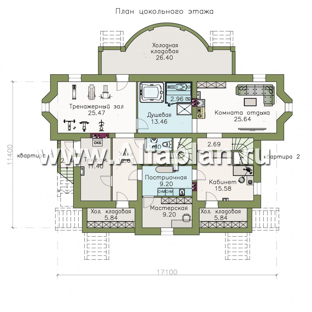 Проекты домов Альфаплан - «Родное сердце» - дом с цокольным этажом на две семьи для детей и родителей - изображение плана проекта №1