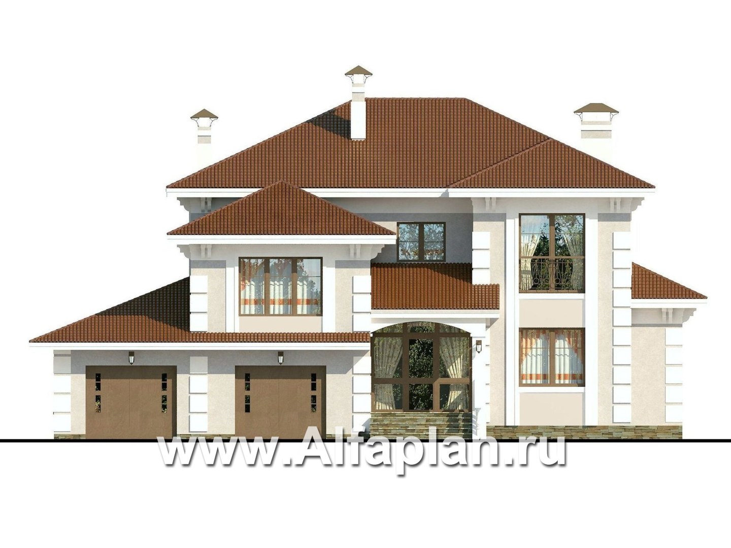 Проекты домов Альфаплан - «Привилегия» - элегантный коттедж из кирпиечй (или блоков) с большим гаражом и террасой - изображение фасада №1