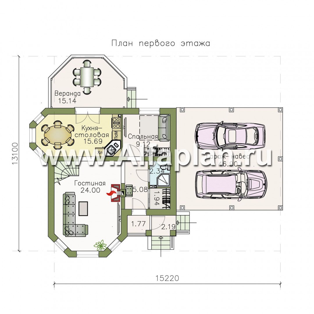 Проекты домов Альфаплан - «Душечка плюс» - компактный дом с навесом для машин - план проекта №1