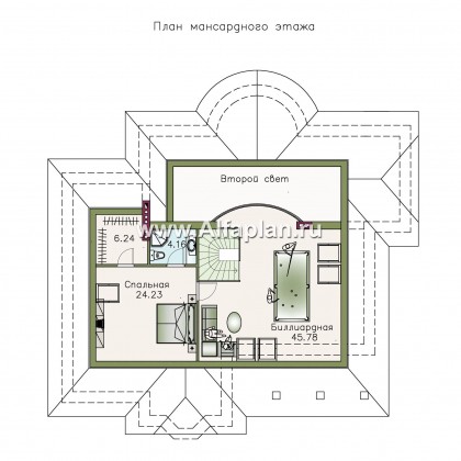 Проекты домов Альфаплан - «Линия судьбы» - одноэтажный дом с бильярдной в мансарде - превью плана проекта №2