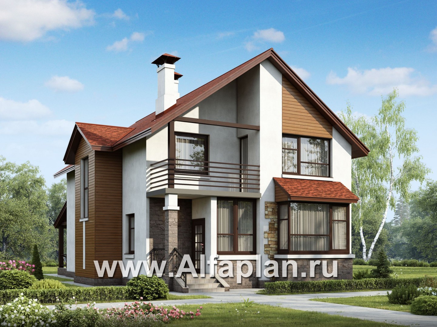 Проекты домов Альфаплан - «Новое время» - кирпичный коттедж для семьи с двумя детьми - основное изображение