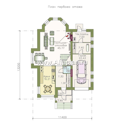 «Дженни Врен» - проект двухэтажного дома из кирпича с фото, планировка с эркером и с гаражом, в русском стиле - превью план дома
