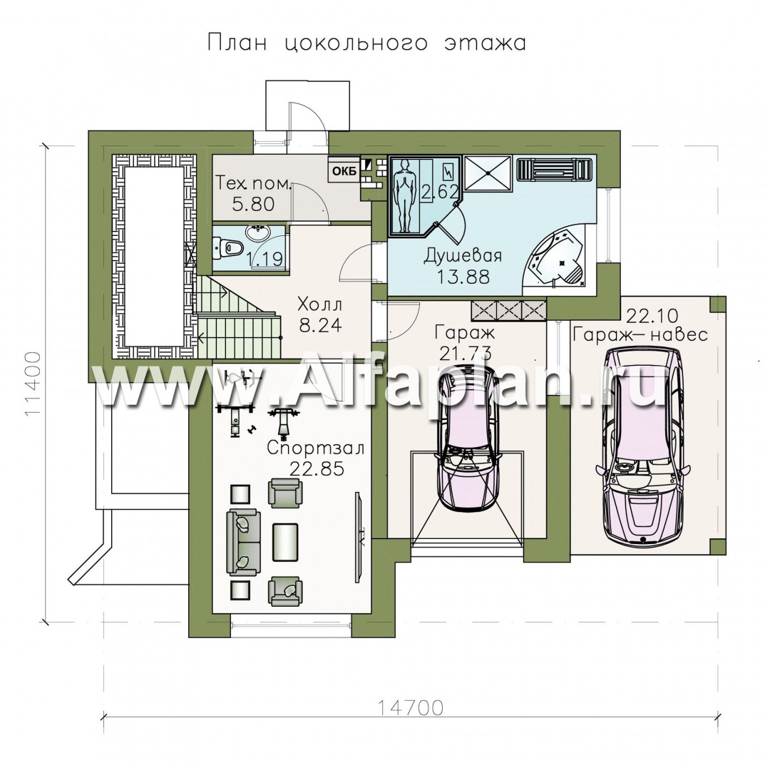 Проекты домов Альфаплан - Проект трехэтажного дома из газобетона «Аура», с гаражом в цоколе, с сауной и спортзалом, в современном стиле - план проекта №1