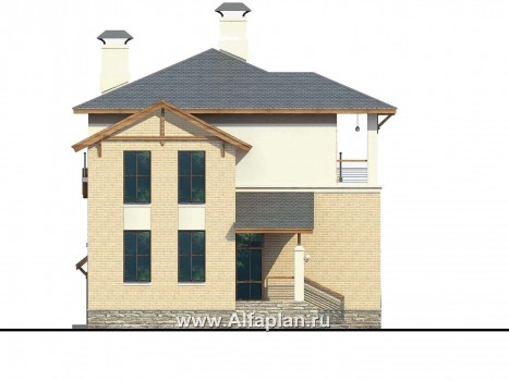 Проекты домов Альфаплан - Проект трехэтажного дома из газобетона «Аура», с гаражом в цоколе, с сауной и спортзалом, в современном стиле - превью фасада №3