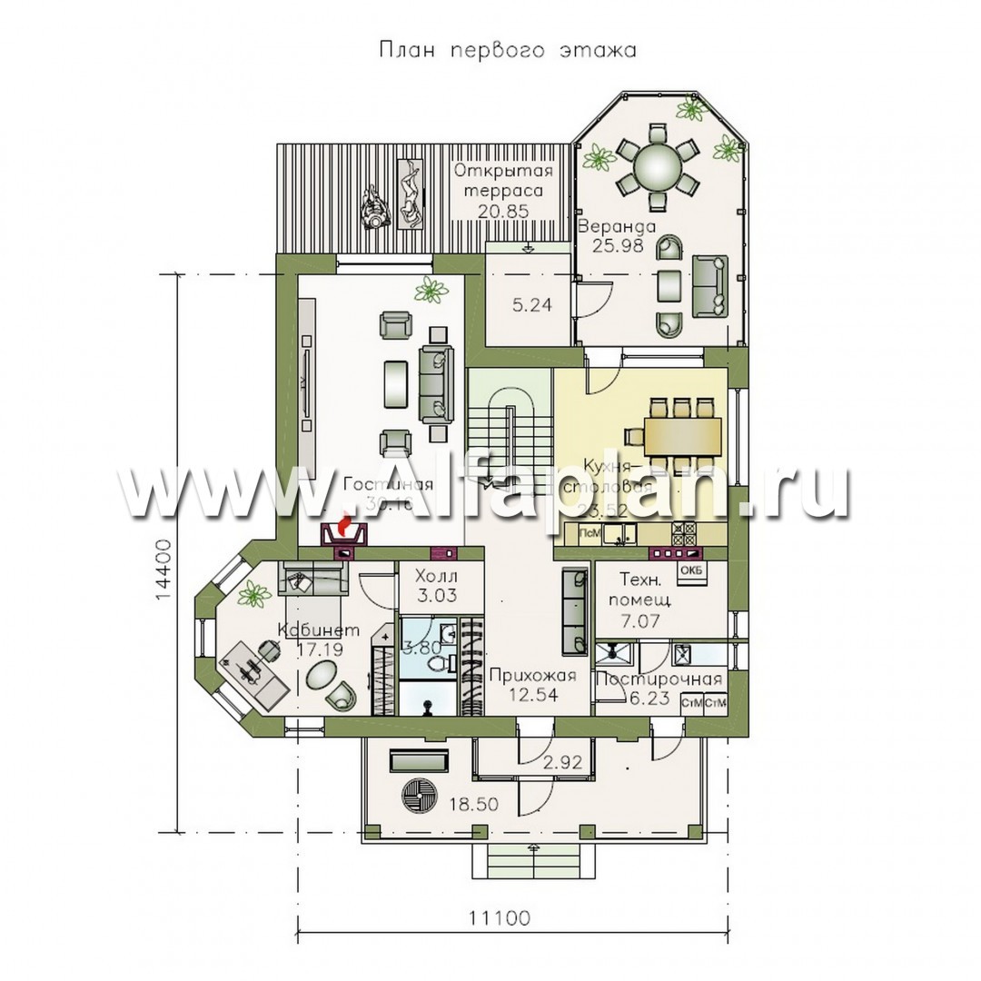 Проекты домов Альфаплан - «Львиное сердце» - загородный коттедж с просторной верандой - план проекта №1