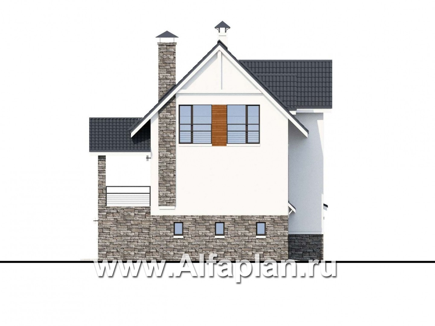 «Альпина» - проект двухэтажного дома, с мансардой и с гаражом на 1 авто и сауной в цоколе - фасад дома