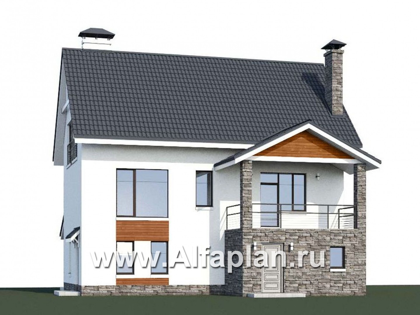 «Альпина» - проект двухэтажного дома, с мансардой и с гаражом на 1 авто и сауной в цоколе - дизайн дома №1