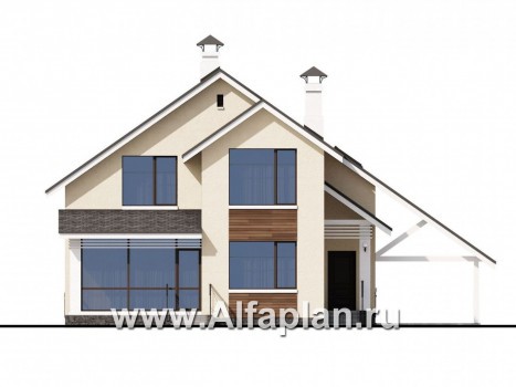 Проекты домов Альфаплан - «Реалист» - загородный дом с верандой и навесом для машины - превью фасада №1