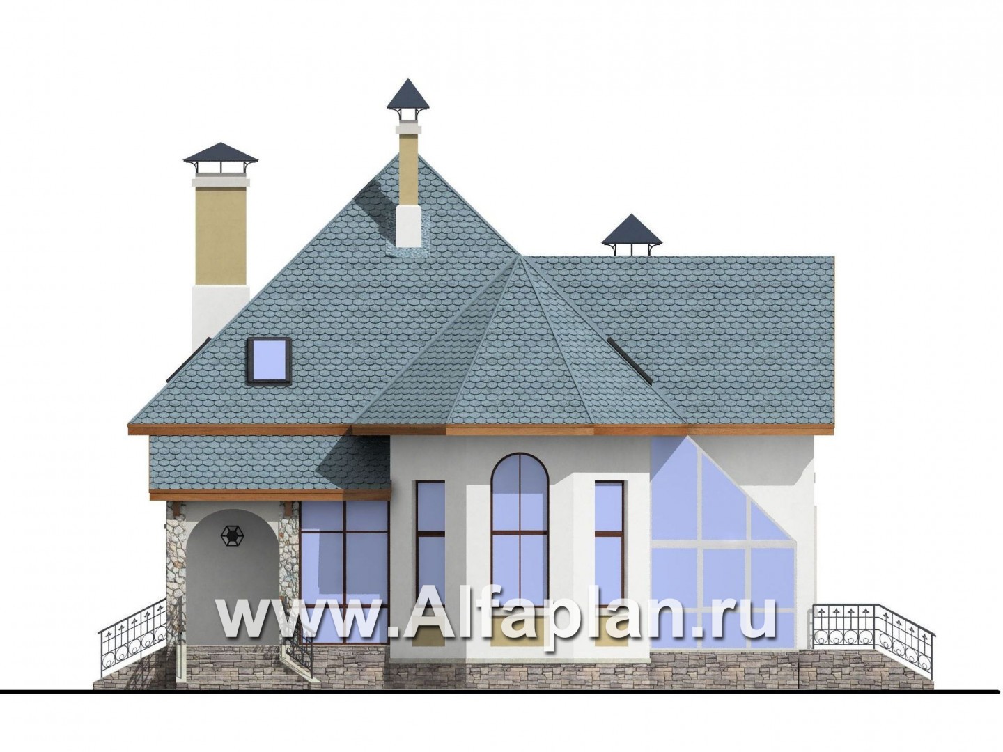 Проекты домов Альфаплан - Загородный дом с террасой-барбекю и зимним садом - изображение фасада №1