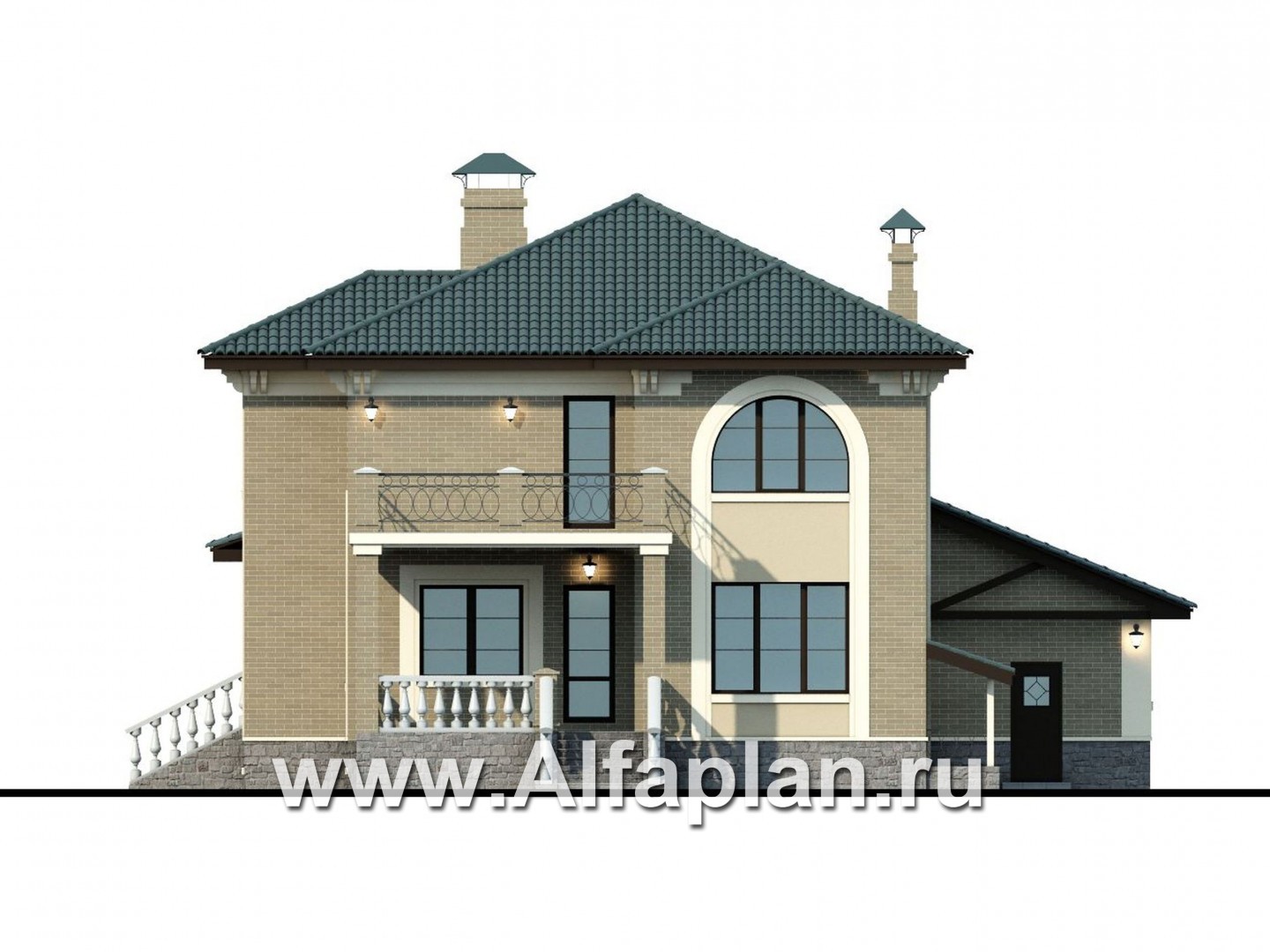 Проекты домов Альфаплан - «Беатрис плюс»- респектабельный коттедж с цокольным этажом - изображение фасада №4