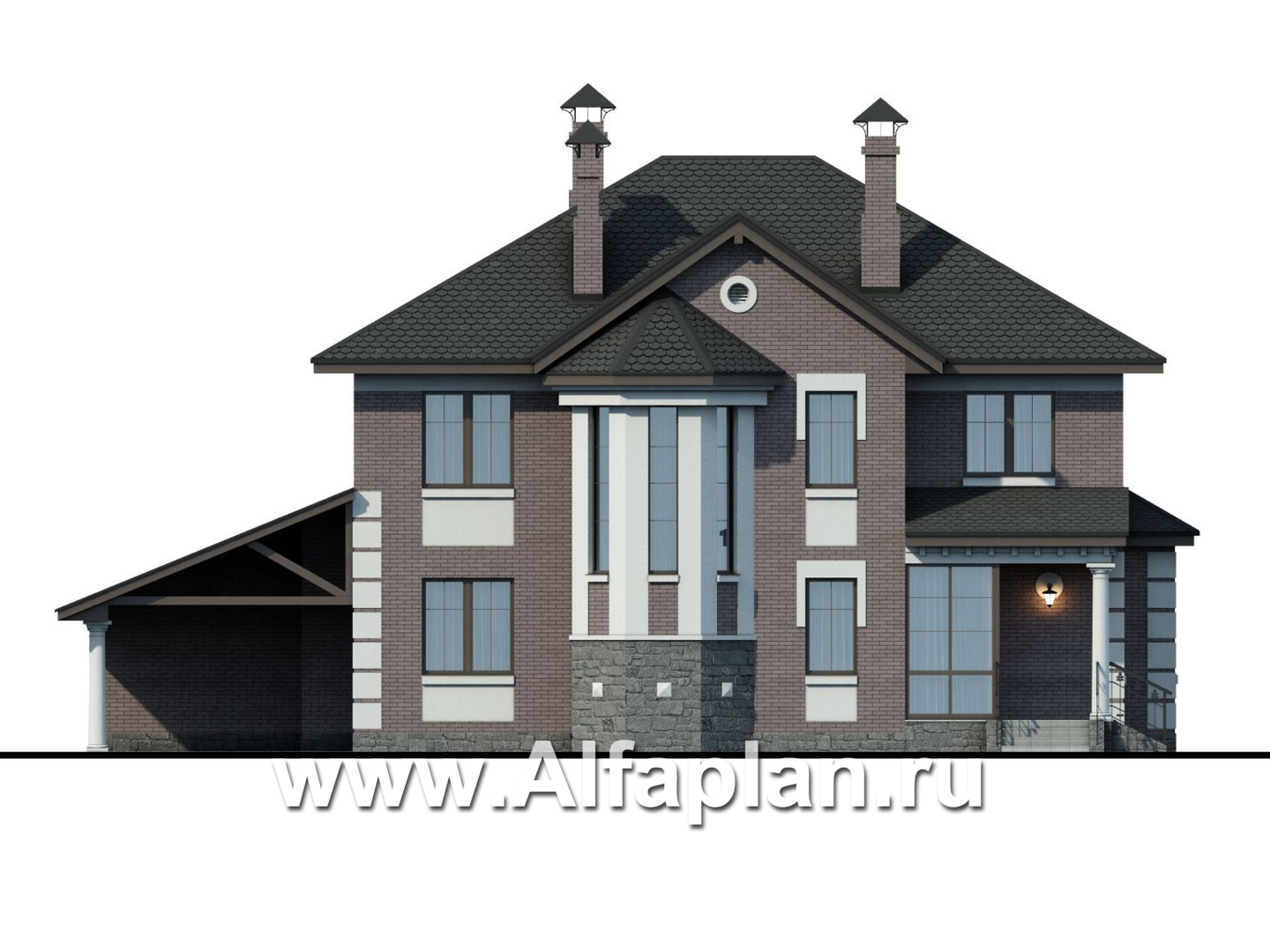 Проекты домов Альфаплан - «Монплезир»- изысканный коттедж с навесом для авто - изображение фасада №1