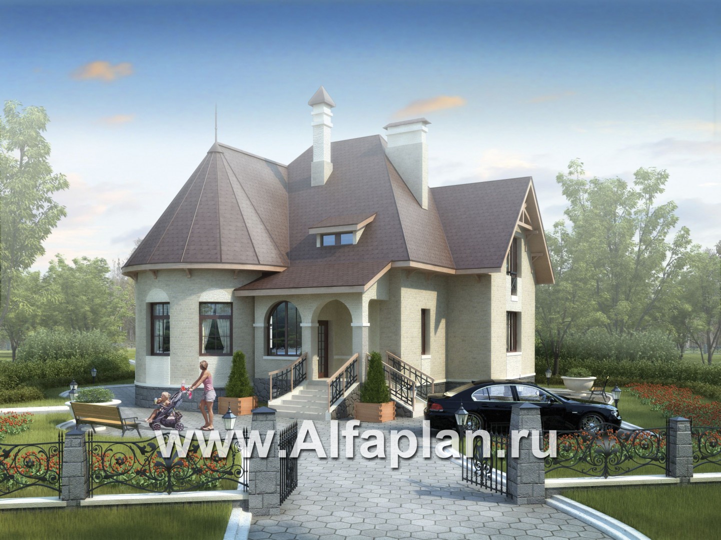 Проекты домов Альфаплан - «Авалон» - коттедж с полукруглым эркером - основное изображение