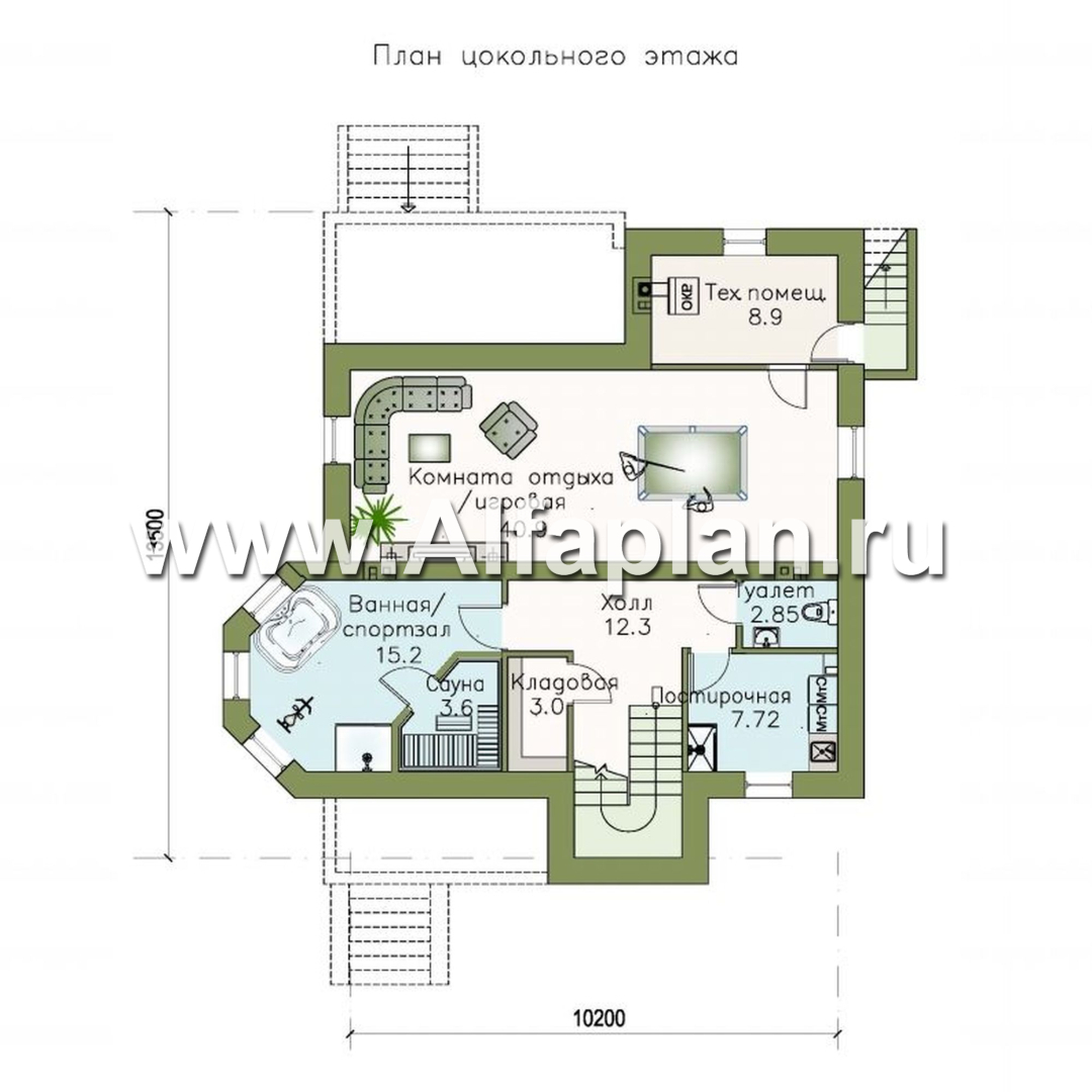 Проекты домов Альфаплан - «Маленький принц» - проект двухэтажного дома, с эркером и с террасой, планировка с кабинетом на 1 эт и с цокольным этажом - план проекта №1