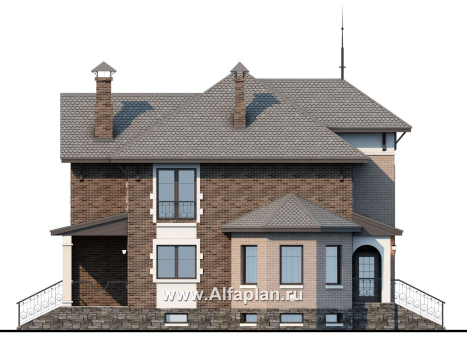 Проекты домов Альфаплан - «Маленький принц» - проект двухэтажного дома, с эркером и с террасой, планировка с кабинетом на 1 эт и с цокольным этажом - превью фасада №3
