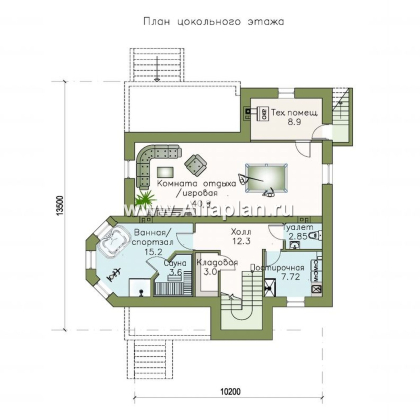 Проекты домов Альфаплан - «Маленький принц» - проект двухэтажного дома, с эркером и с террасой, планировка с кабинетом на 1 эт и с цокольным этажом - превью плана проекта №1