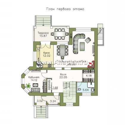 Проекты домов Альфаплан - «Маленький принц» - проект двухэтажного дома, с эркером и с террасой, планировка с кабинетом на 1 эт и с цокольным этажом - превью плана проекта №2