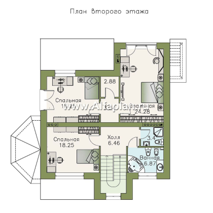 Проекты домов Альфаплан - «Маленький принц» - проект двухэтажного дома, с эркером и с террасой, планировка с кабинетом на 1 эт и с цокольным этажом - превью плана проекта №3